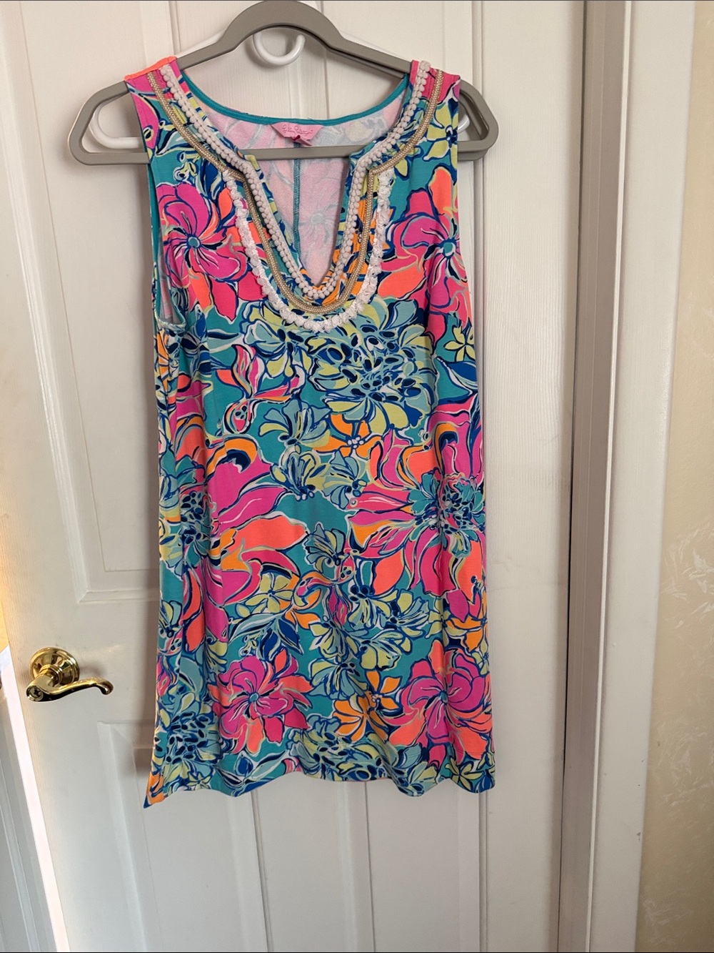 Lilly Pulitzer Beaded Neckline Floral Shift Dress in Teal, Pink and Orange
